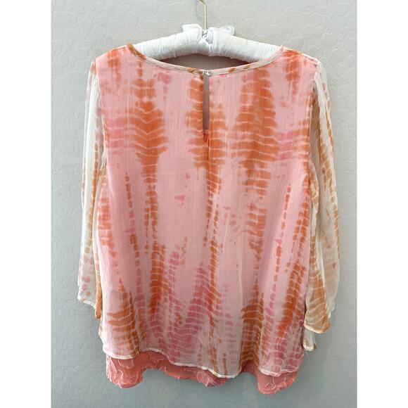SOFT SURROUNDINGS | Pink Tie-Dye Sheer Layered Blouse Boho Bell Sleeves | Medium - Picture 5 of 8